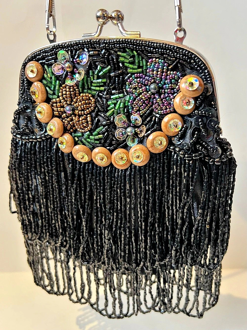 Beaded Fringe Clutch in Black & Gold Like New